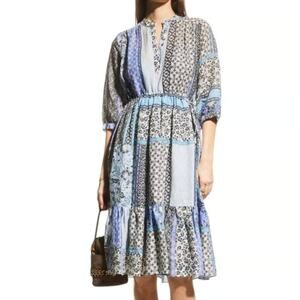 New Johnny Was Marrakesh Patchwork Drawstring Dress Blue V-Neck Sz XS